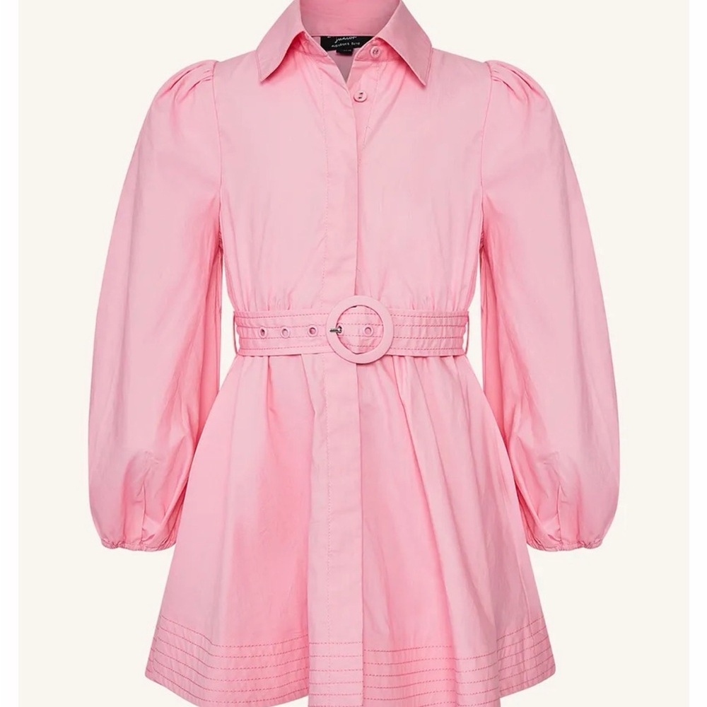 Bardot Pink Puff-Sleeve Mini Shirt Dress with Belt